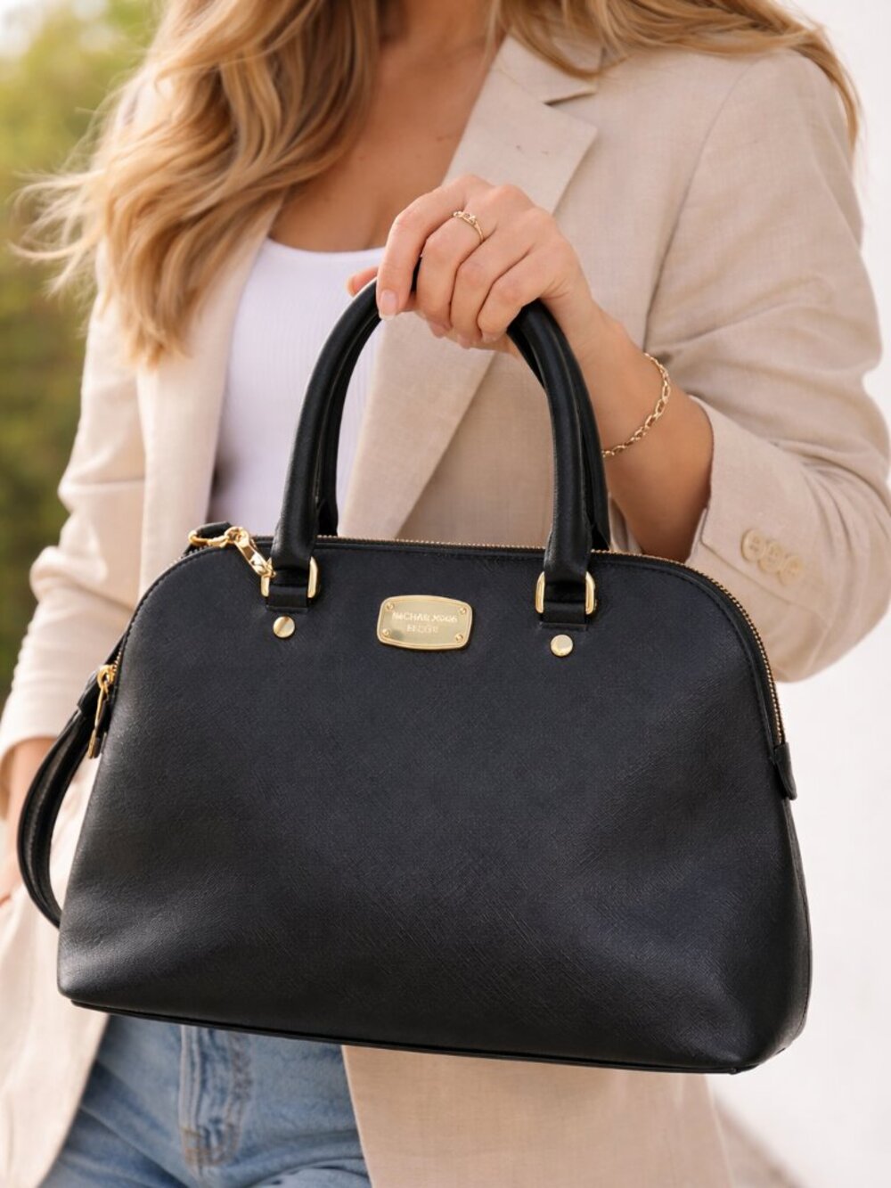 Michael Kors Black Saffiano Leather Satchel Medium Dome Bag Gold Hardware